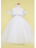Cape Sleeves Pearls 3D Floral Lace Tulle Flower Girl Dress Cape Sleeves Pearls 3D Floral Lace Tulle Flower Girl Dress